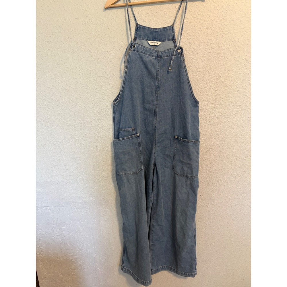 Vanilla Star Womens Denim Wide Leg Overalls Medium Wash Stretch Large
